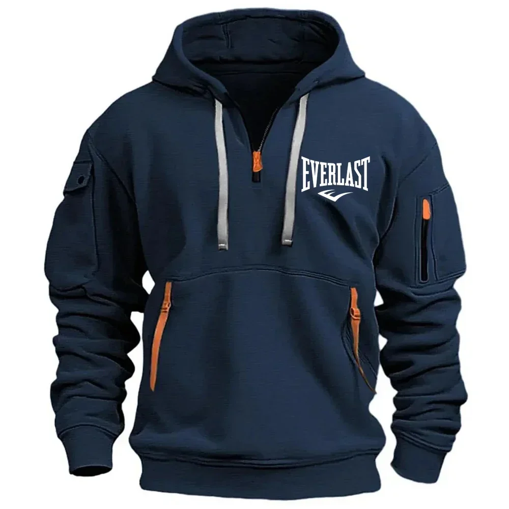 Kapuzenpullover mit halbem Reißverschluss, mehreren Reißverschlüssen an den Ärmeln und einer aufgedruckten Schrift, Sweatshirt für Herbst/Winter, taktische Streetwear, Kapuzenoberteile, Freizeit- und Sportbekleidung. – Detail 9