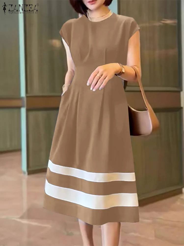 ZANZEA Women Pleating Midi Dress Casual Colorblock Solid Sundress Holiday Cap Sleeve Waisted Robe 2024 Summer Round Neck Dresses