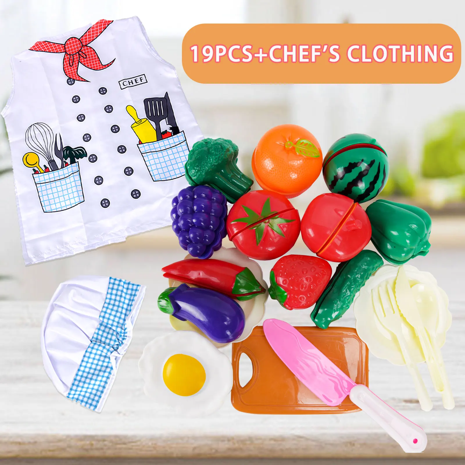 لعبة بيت مسرح للأطفال، مجموعة فستان الشيف لقطع الفاكهة في المطبخ، قطع الخضروات للأطفال، صبي وفتاة لطيفة #1