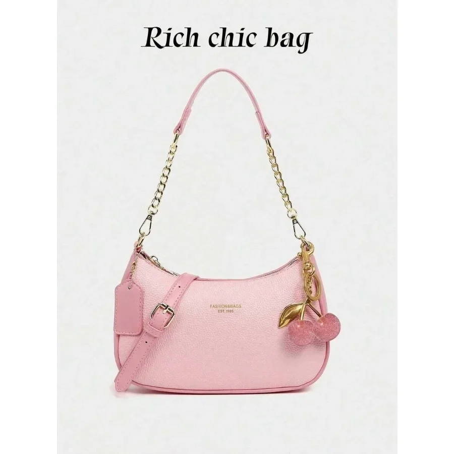 Fashion Versatile PU Waterproof Fabric M Letter Pattern Shoulder Bag, Printed Design Metal Chain Decoration Pink Baguette Bag W