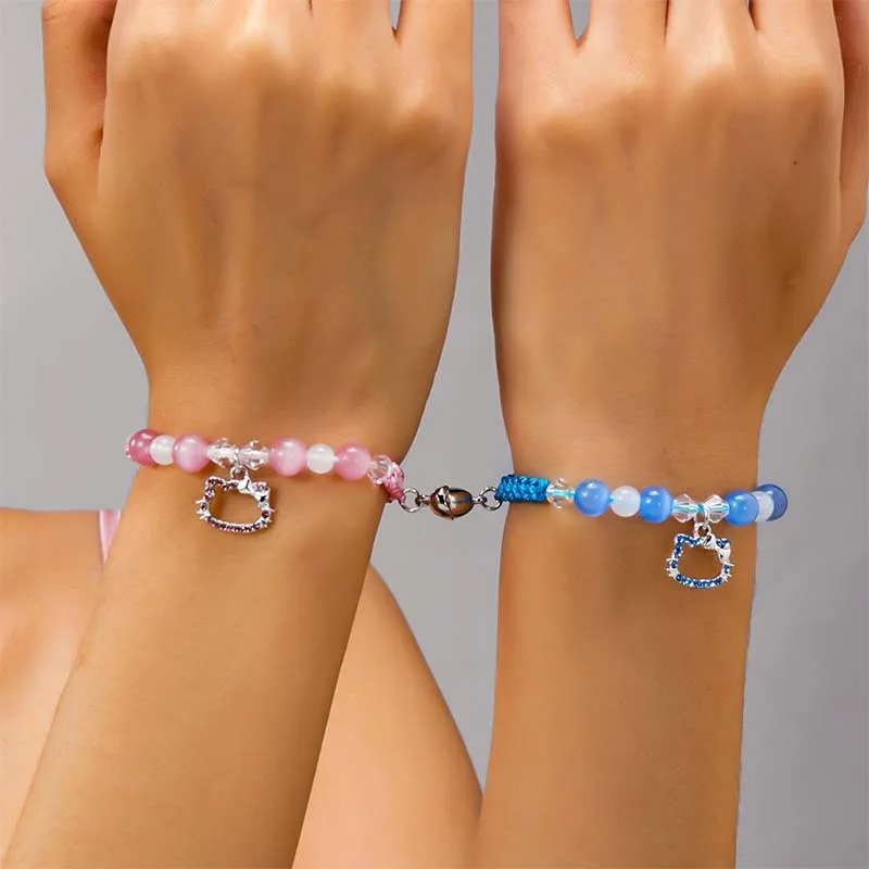 Kawaii Hello Kitty Sanrio Braided Bracelet Anime Figure Alloy Magnetic Bracelet Hand Woven Wristband Couple Style Gifts 2Pcs/Set