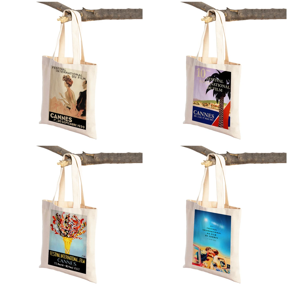 Ladies Shopping Bag CartoonRetro Cannes Film Festival Vintage Movie Handbag Foldable Cloth Shopper Harajuku Canvas Tote