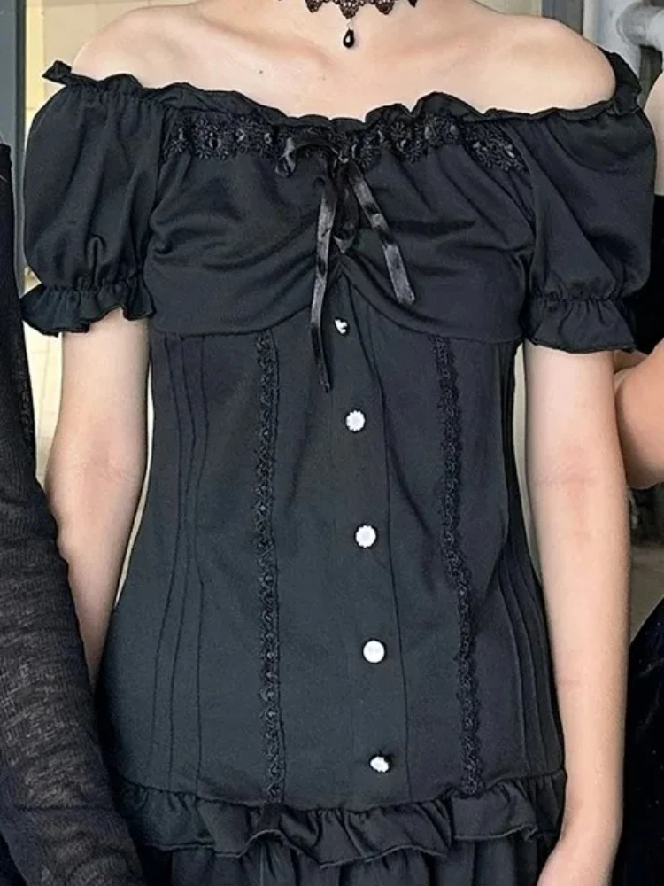 القوطية الأسود الدانتيل تقليم مثير القمم المرأة كبيرة الحجم Y2K خمر نفخة كم تي شيرت الإناث Harajuku ريترو الصيف الشارع الشهير بلوزة