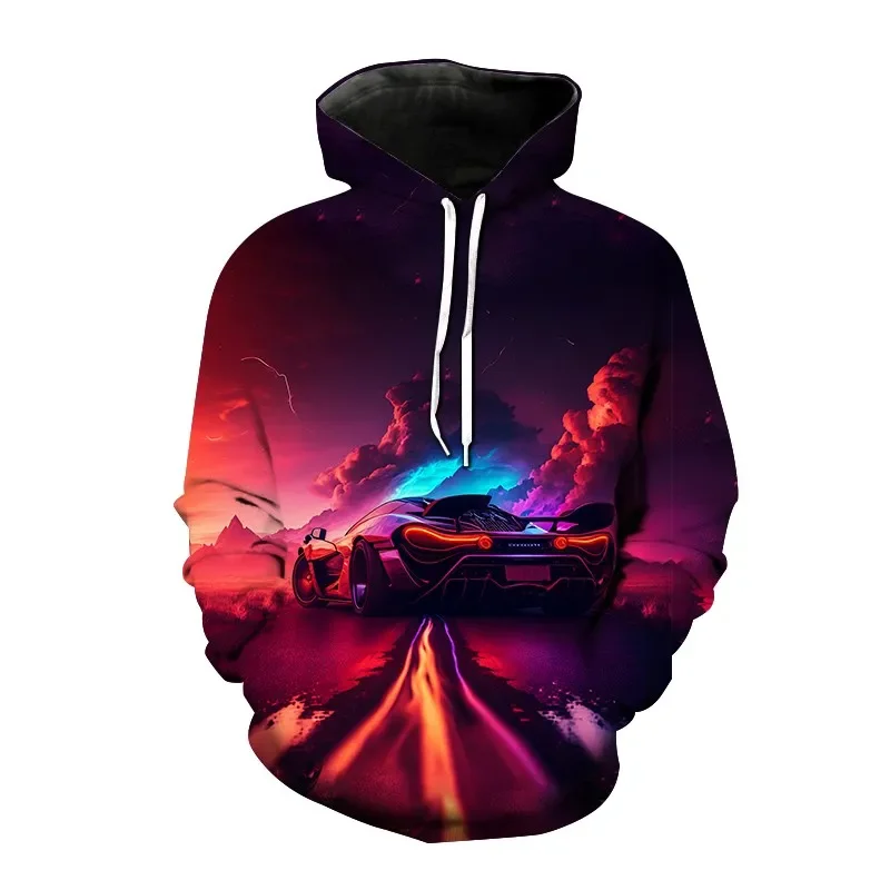 2024 New fashion sports hoodie 3D sports car print pocket top men and women with the same loose sweatshirt long-sleeved pullover