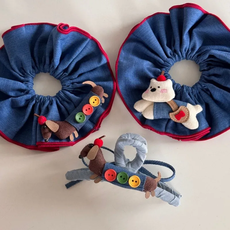 Button Cartoon Cute Dachshund Blue Scrunchie Adorable Hair Tie Bun Hair Rope Hair Accessory New Style