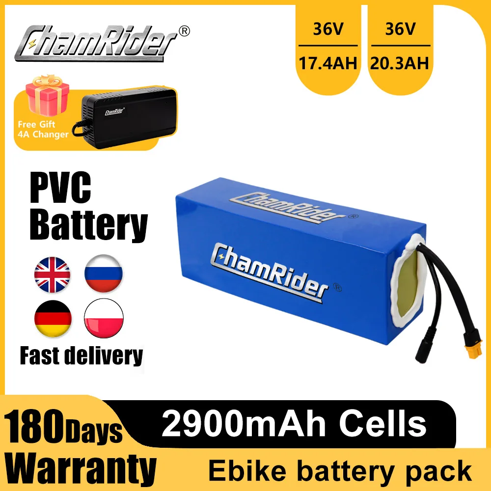 Lithium Battery Chamrider PVC Battery 36V 17.4AH 20.3AH 11.6AH 14.5AH Ebike Battery BMS 25A 30A 2900mah Electric bike