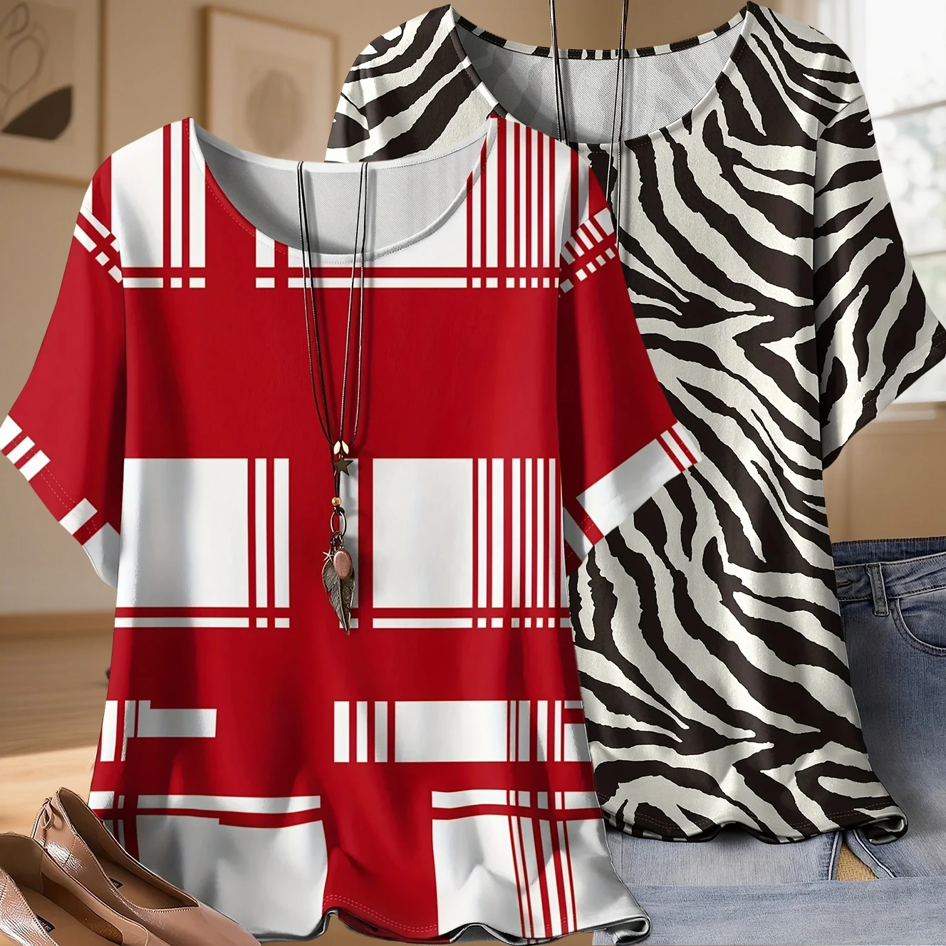 

Women's Casual Round Neck T-shirt Plus Size Geometric Print New Women's Sports Leisure T-shirt Quick Drying Comfortable Top