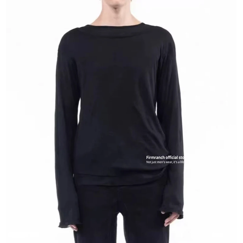 Firmranch Spring Summer High Elastic Black And White Perspective Layering Fake Two Pieces Long Sleeve T-shirt For Men Women - view 5