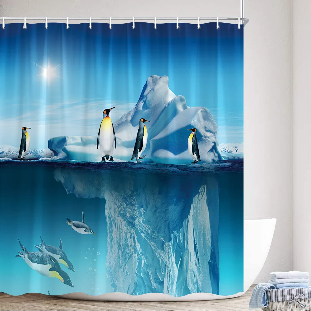 Wild Animal Shower Curtain Dog Glacier Penguin Highland Cattle Cedar Winter Forest Landscape Bath Curtains Fabric Bathroom Decor