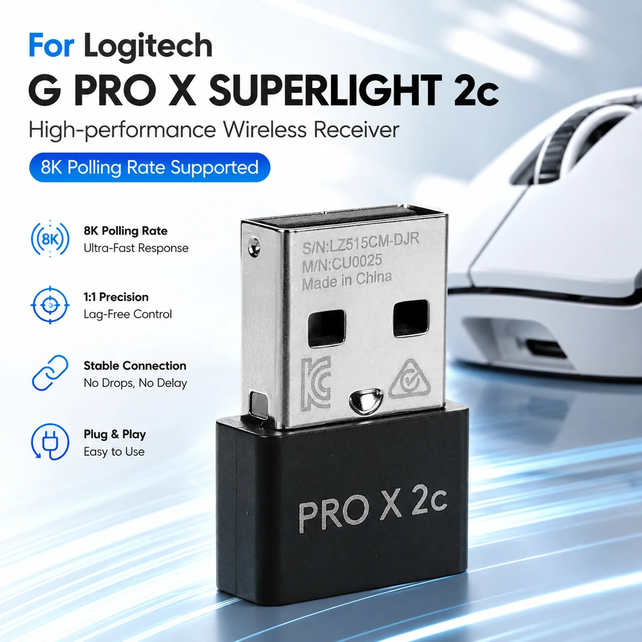 Mouse Receiver Adapter Replacement Wireless Dongle Adapter for Logitech G Pro X Superlight 2c Mouse 8K Hyper Polling Rate