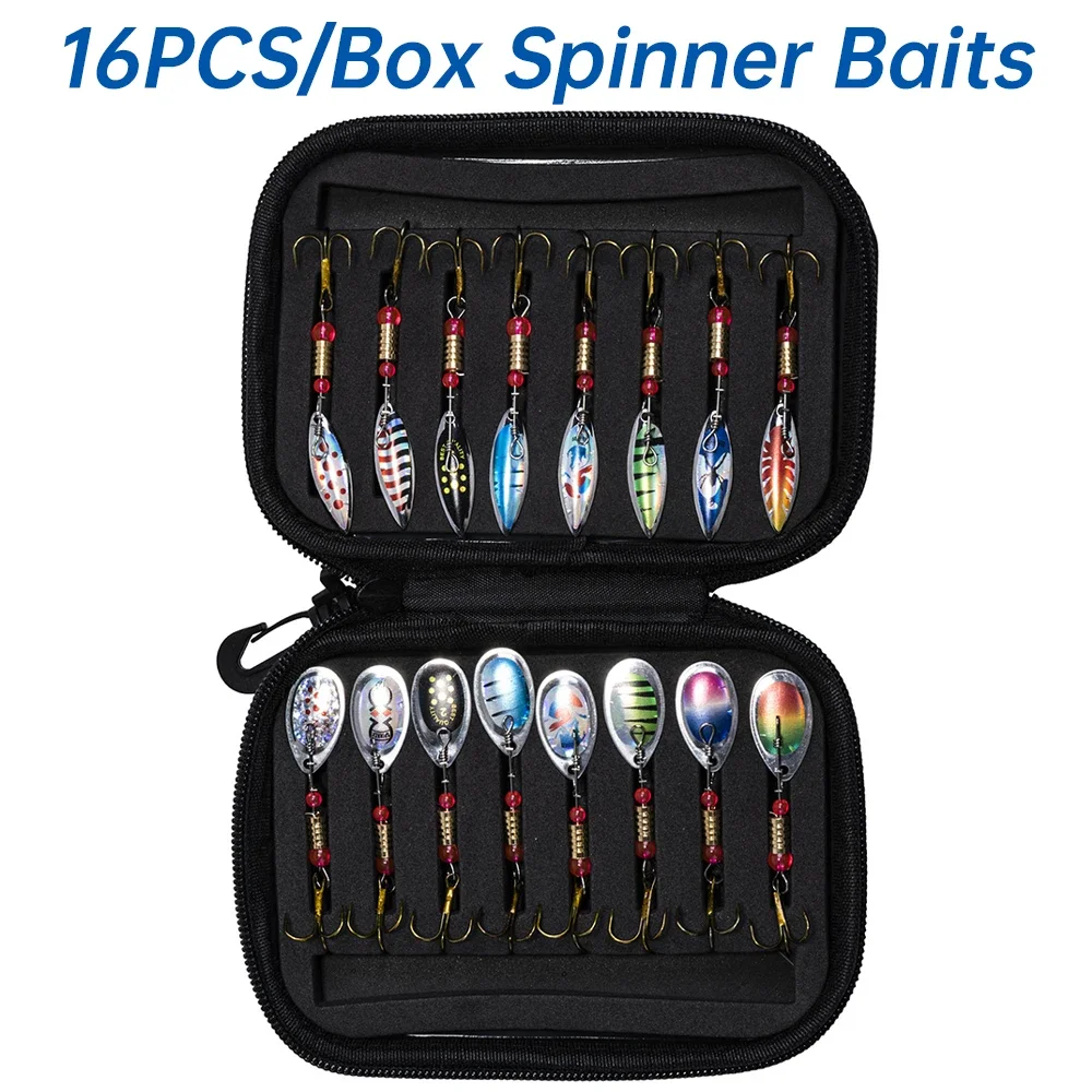 

Goture 16pcs/box Spinner Spoon Metal Bait 5.5cm Portable Crankbaits Fishing Wobblers with Hooks 6#Size for Bass Trout Perch Pike