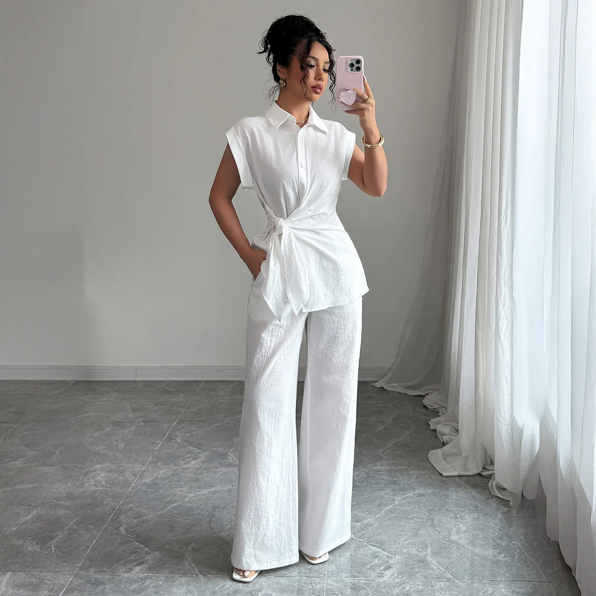 

White Elegant High-grade Short-sleeved Vest + Trousers Women 2-piece Suit Casual Fashion Office Ladies Long Pant Suit
