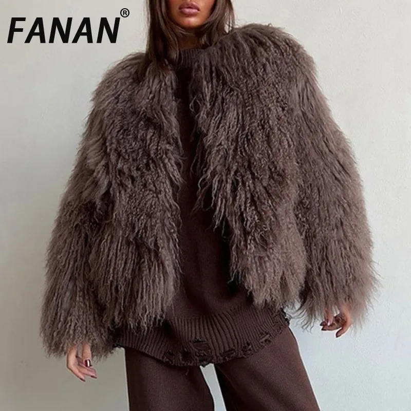 FANAN Fashion Brown Faux Fur Coat Women's Round Neck Loose Long Sleeves Thick Plush Short Jacket Streetwear 2025 Winter New