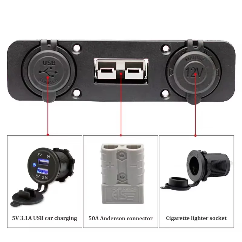 12V-24V Automobile 50Amp Anderson Plug Panel With 3.1A Dual USB Car Charger Cigarette Lighter Power Socket for Boat Truck