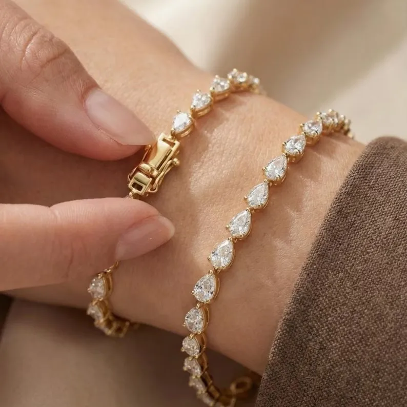Luxury 16cm/17.5cm Paved Water Drop 5A Cubic Zirconia Tennis Bracelet for Women Gold Silver Color Fashion Jewelry for Party