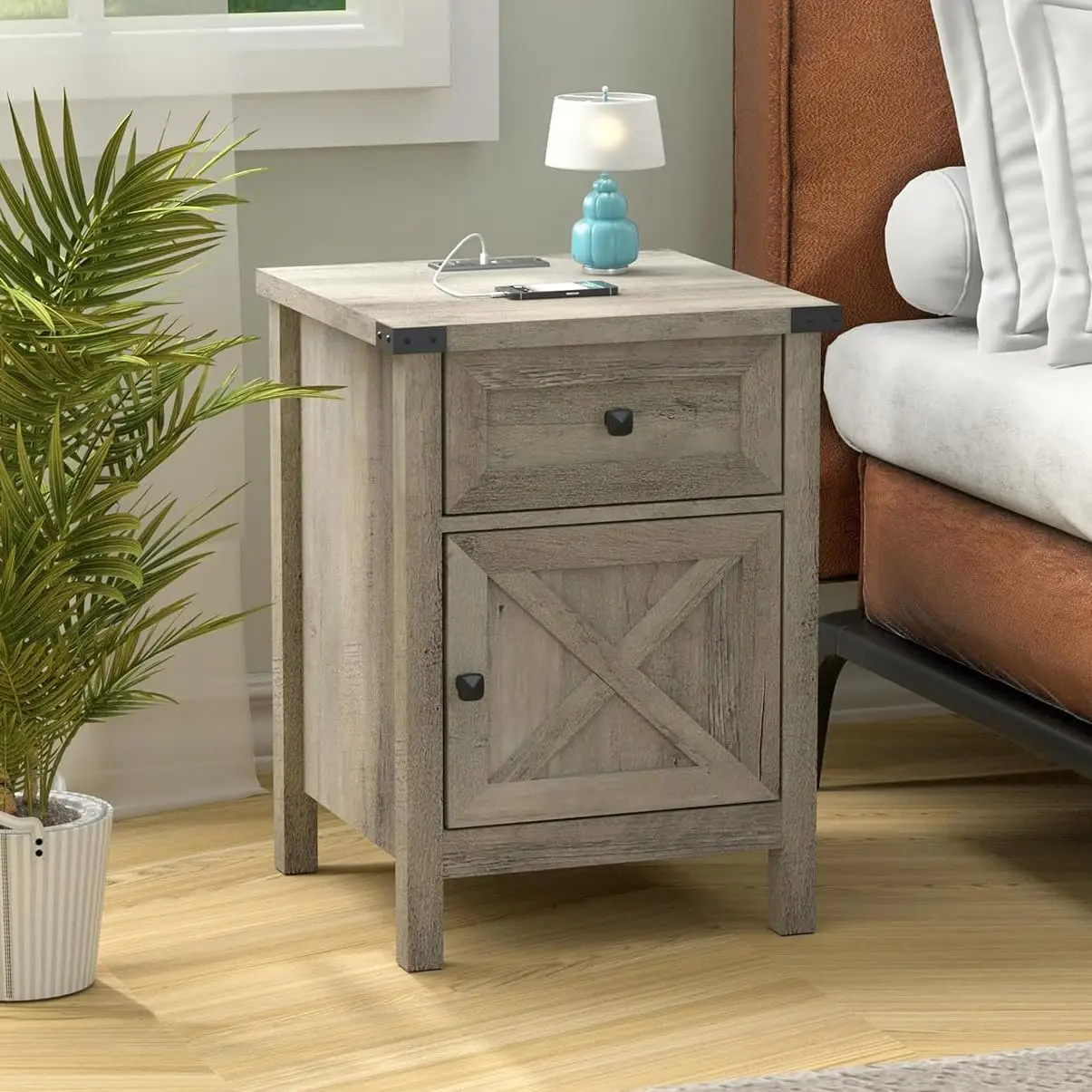 

Rustic Nightstand with Charging Station, Night Stand with Barn Door and Drawer, Storage Bedroom Living Room Bedside Table Farmho
