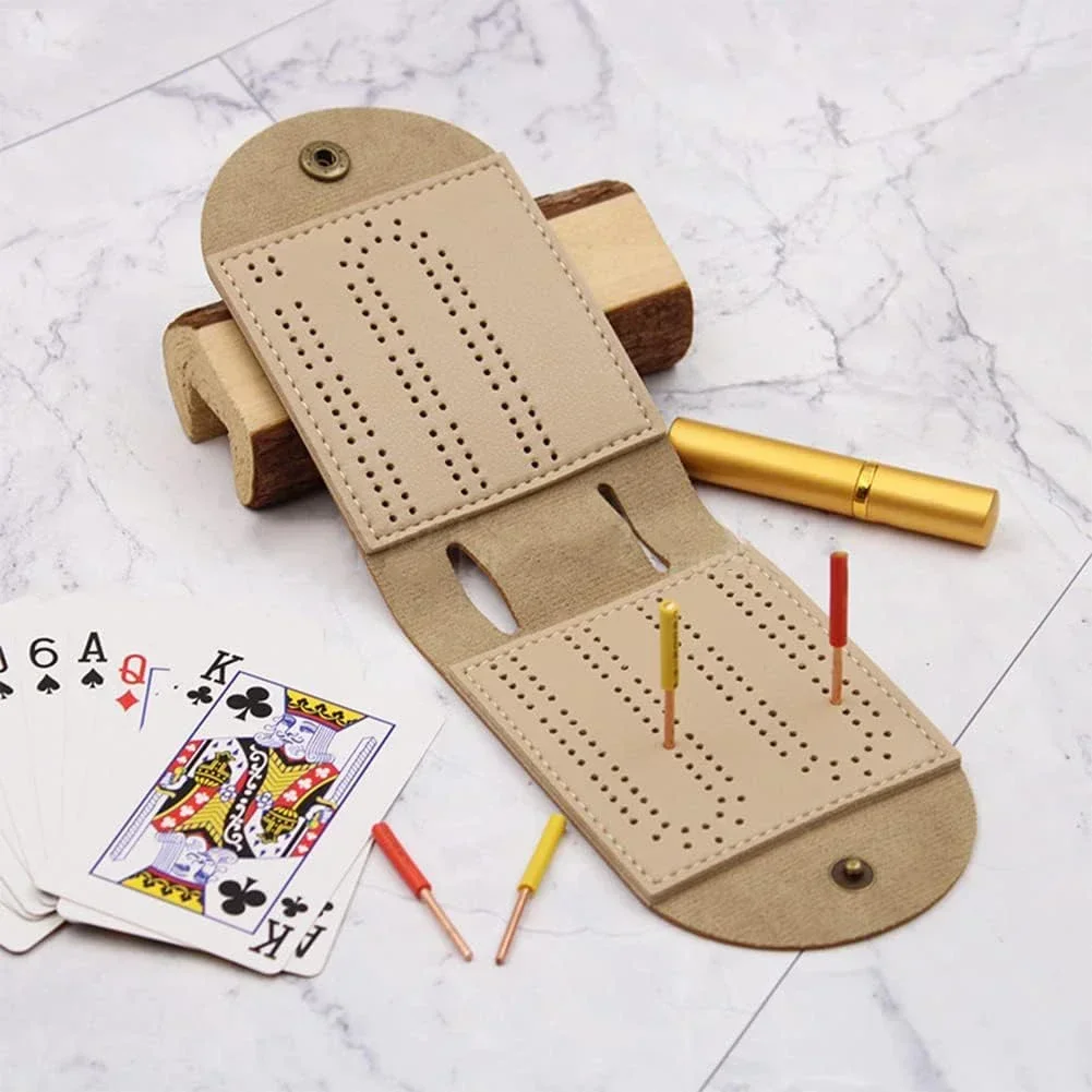 Cribbage Board Board Game Set Board Party 2 Track Premium Leather Sleek Design Play Anywhere High-Quality Game