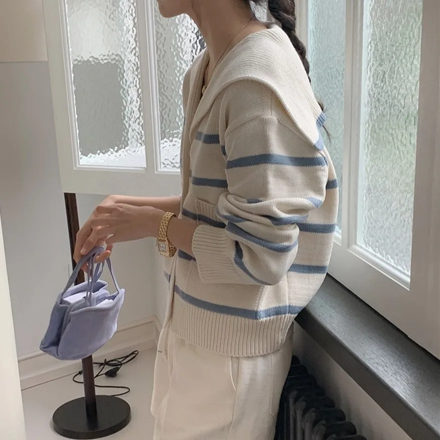 Los gebreid vest dames faionable gestreept ontwerp kleur blo marine kraag casual sle lange Sve top voor dames