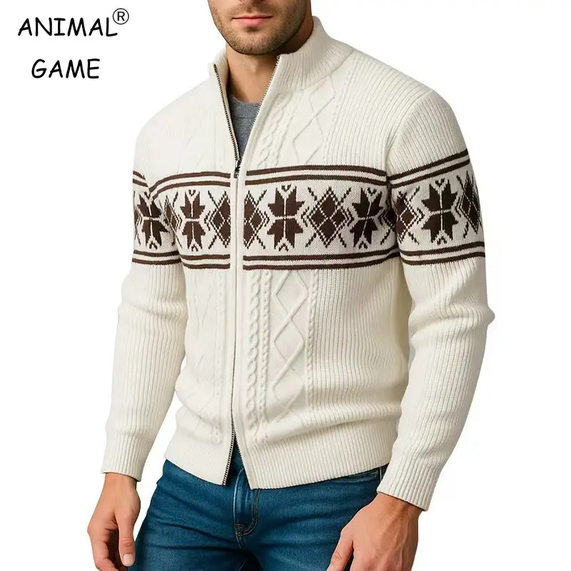 

Animal Game Mens Full Zip Long Cardigan Sweater Warm Cold Blouse Luxury Outerwear Thick Knitted Zipper Sweaters Jacket Knitwear