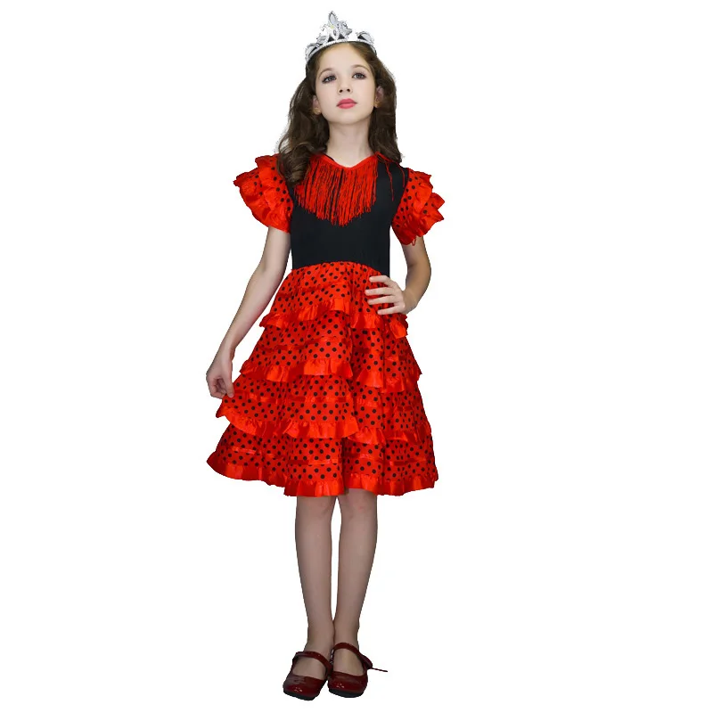 Traditionelles spanisches Tanz kleid für Mädchen Festival Quaste Punkt Kleid vier Farben klassischen Flamengo Zigeuner Stil Kinder rock