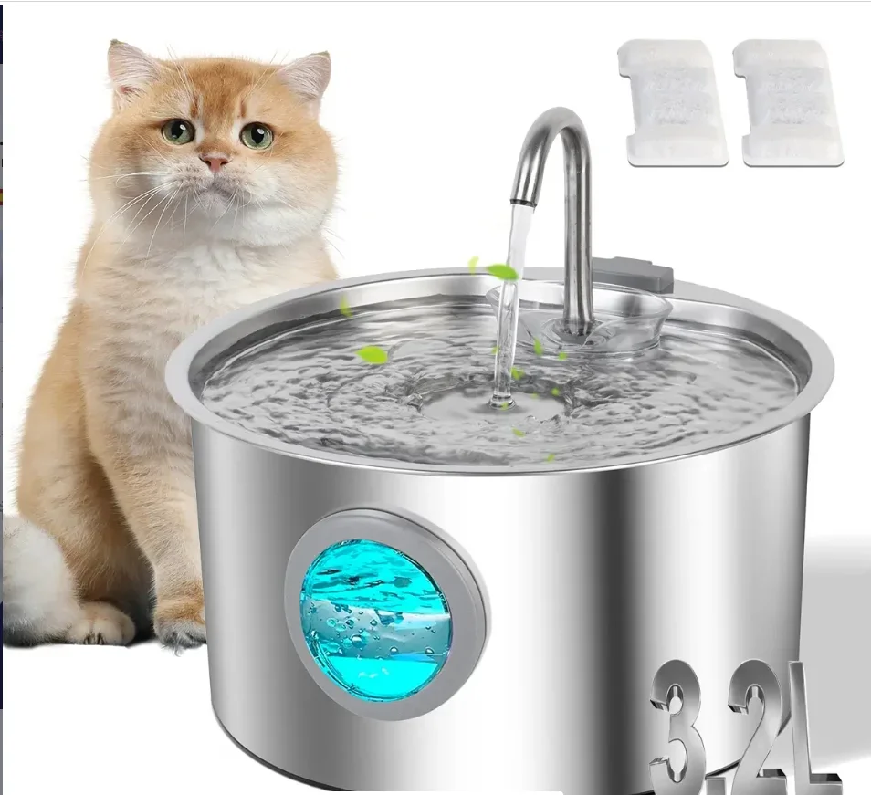 3.2L Stainless Steel Pet Water Fountain USB Quiet Operated Visible Water Level Window Automatic Drinking Bowl For Dogs Cats