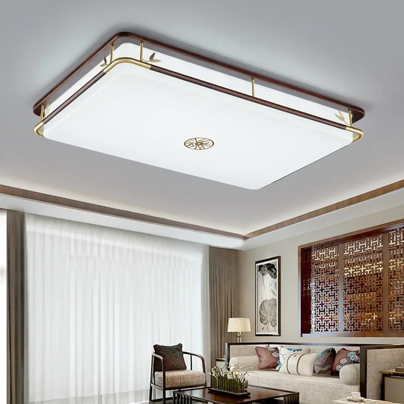 Nuova lampada da soffitto cinese interamente in rame, lampada da soggiorno classica antica a vento rettangolare in legno massello