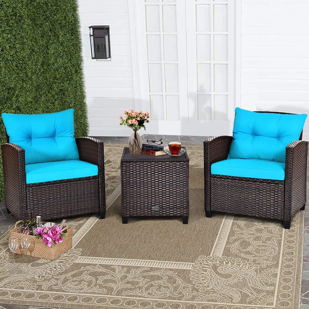 Outdoor Patio Furniture Set, PE Rattan Wicker Sofa com almofada lavável e mesa de café, Tabletop de vidro temperado, 3Pcs