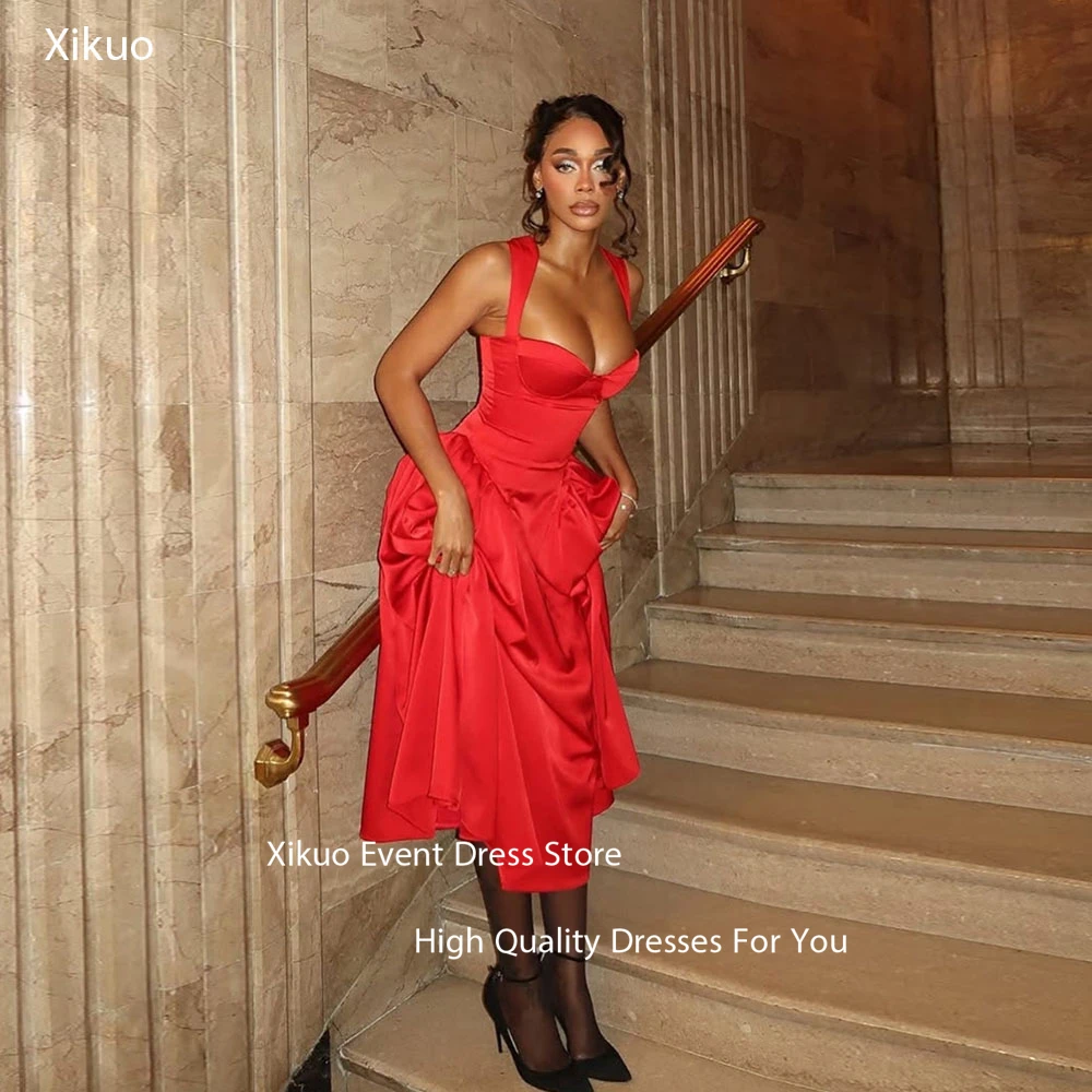 Xikuo Red Satin A Line Evening Dresses Spaghetti Straps Pleated Ankle Length Robes De Soirée Pleated Prom Dresses Customized