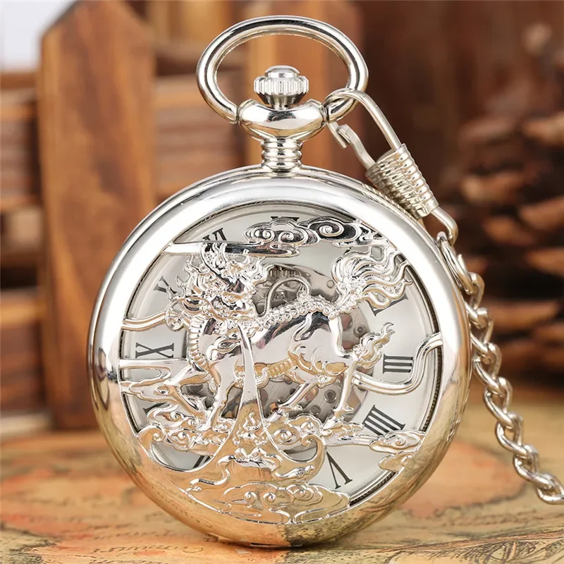 Vintage Unisex Mechanical Hand-winding Pocket Watch Silver Hollow Out Kirin Men Women Skeleton Clock with Pendant Chain Reloj