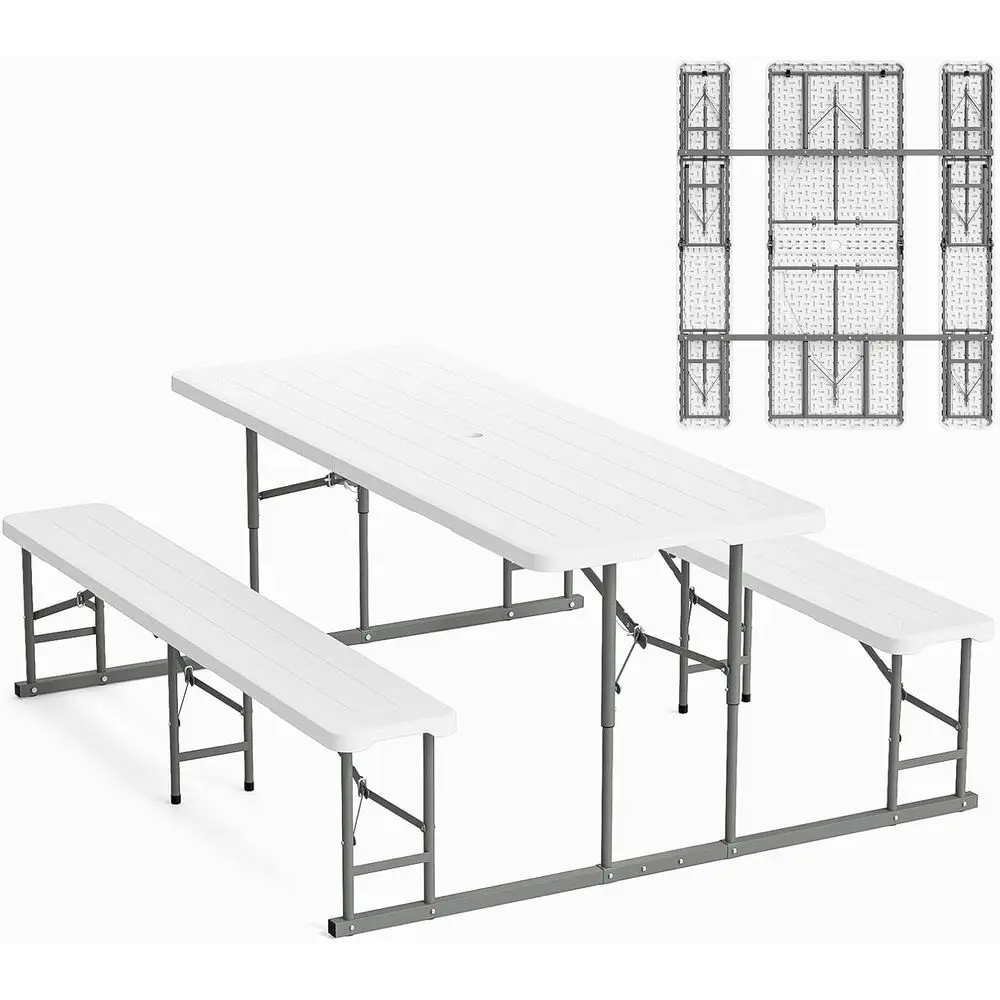 Portable Outdoor Picnic Table and Bench Set, Wood-Textured Plastic Top, White Metal Frame