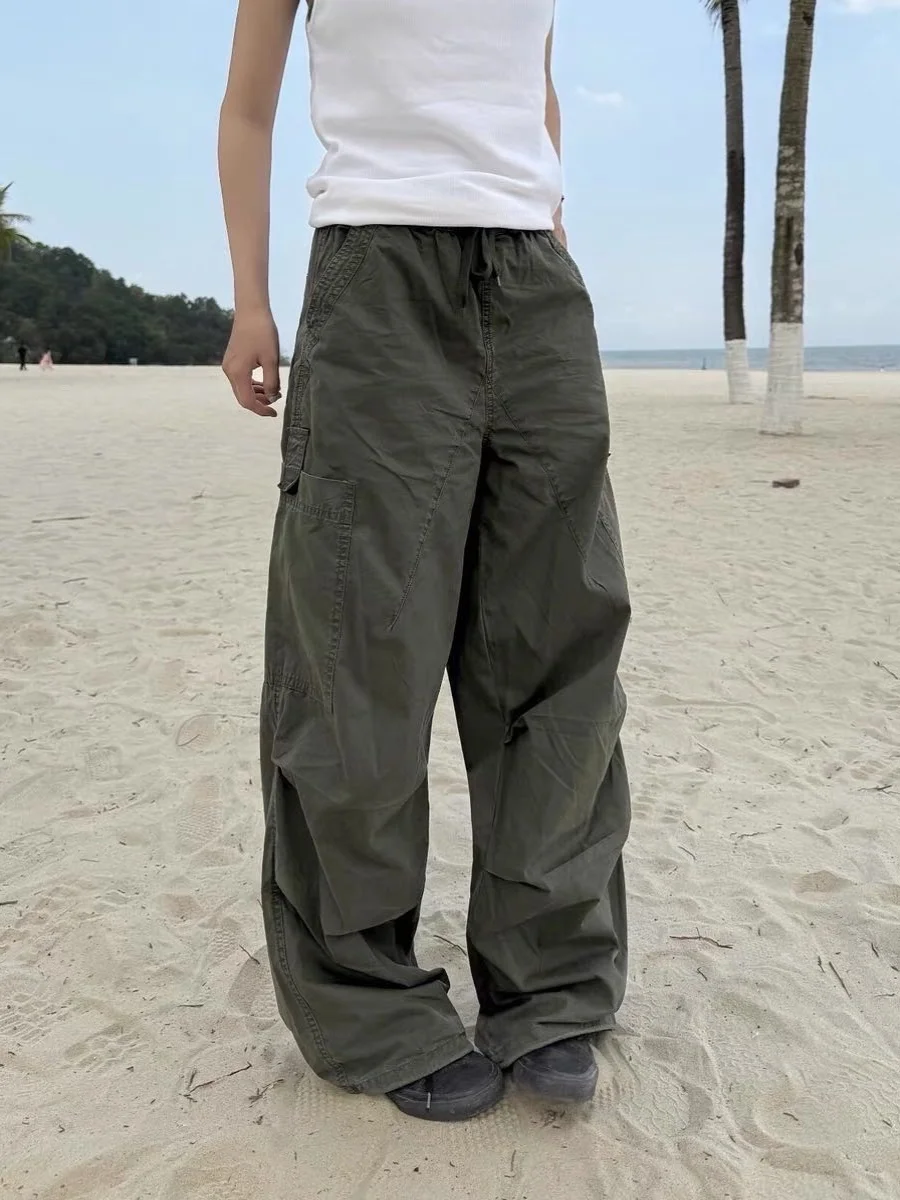 アメリカンレトロストリートソルジャーワークパンツメンズレディースパッチワークプリーツストレートルーズカジュアル多用途ワイドレッグロングパンツ