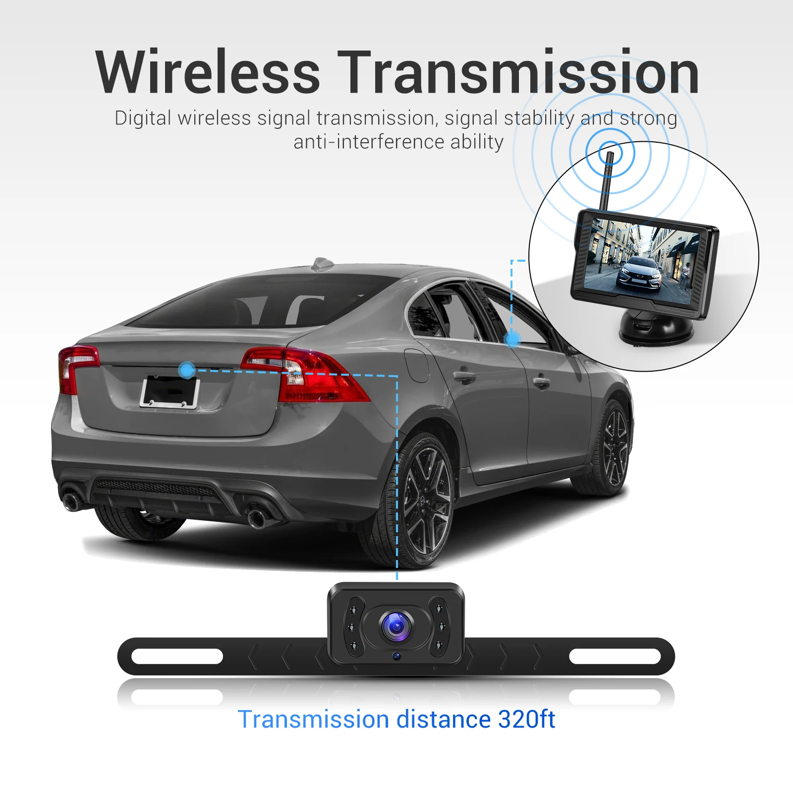 Monitor posteriore per auto Podofo con schermo IPS da 4,3 pollici, telecamera di retromarcia wireless, impermeabile IP69, visione notturna a infrarossi, telecamera di assistenza alla retromarcia.