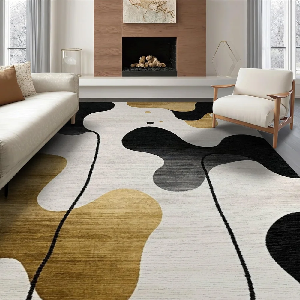 Large 8x10 Sandstone Black Ink Blot Artistic Flowing Shape Area Rug Washable Chair Friendly Carpet for Lounge Office Home Decor