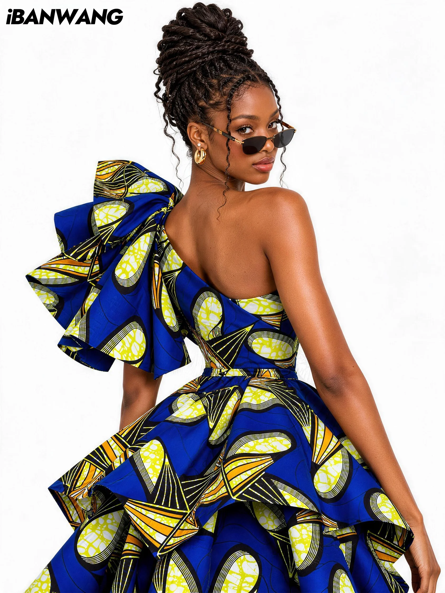 iBANWANG African Wax Print Fabric 6 Yards Blue Yellow Pinwheel Geometric Ankara for Dress Making Sewing DIY