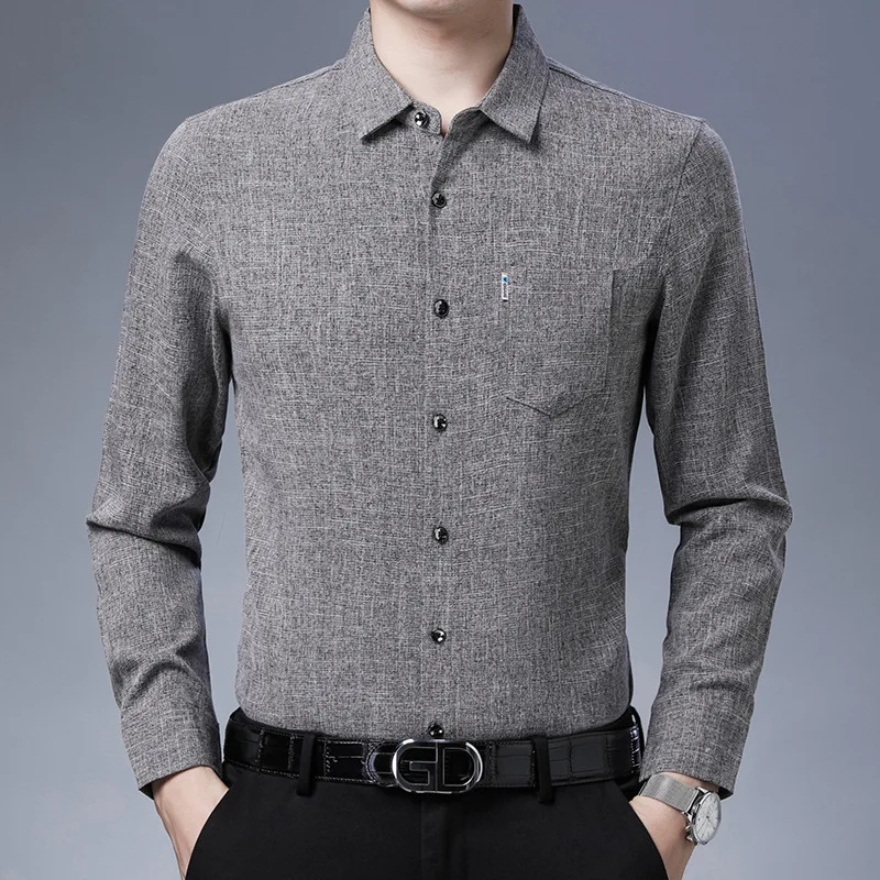 Gift Four Seasons Non ironing Middle aged Men Casual Shirt Imitation Linen Solid Color Shirt Fashion Business True Pocket DadSet