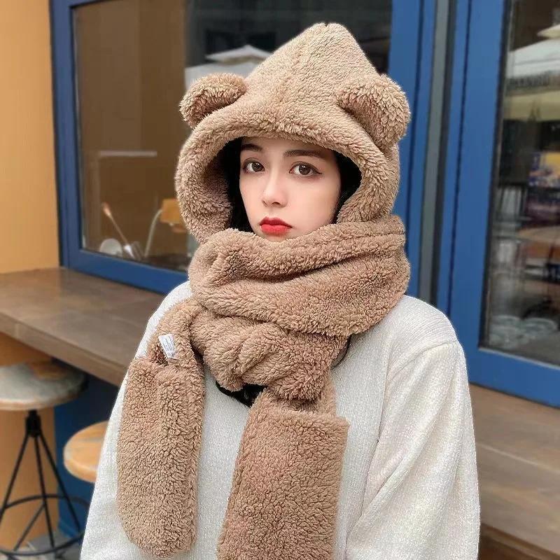 Autumn and winter bear three-piece set, thickened ear protectors, warm hat, scarf gloves three-in-one plush hat