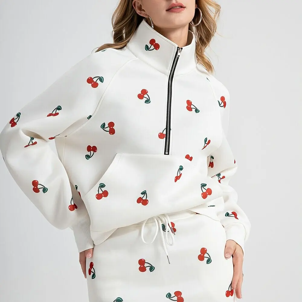 2024 New style Women's models Half-body dress Sweatshirt Two sets Trend Cherry Printed Collar half zip Sweatshirt set