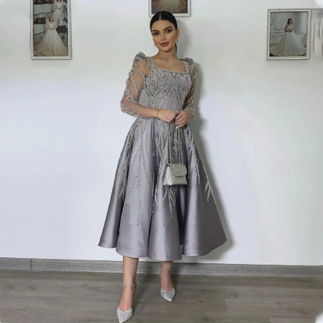 A-line Midi Formal Evening Dress Square Neck Sequin Long Sleeve Party Ball Dress Women's Wedding Guest Dress