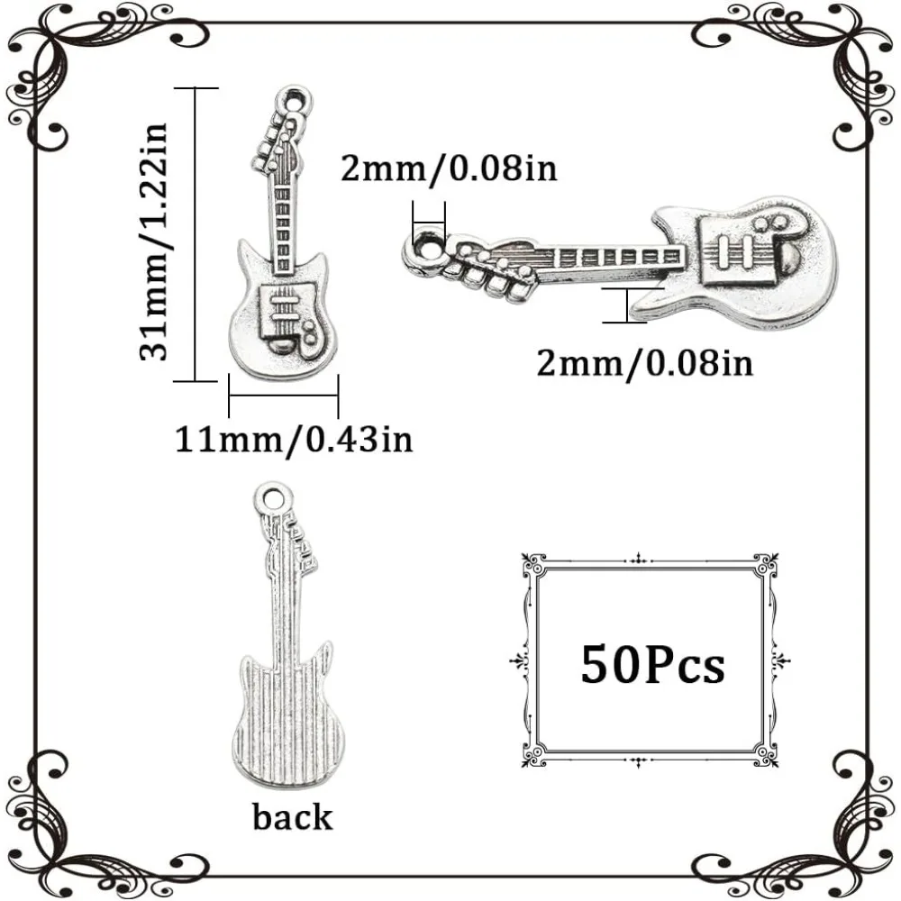 1 Box 50Pcs Vintage Guitar Charms Musical Instruments Charms Bulk Small Antique Silver Music Instrument Charm making kit