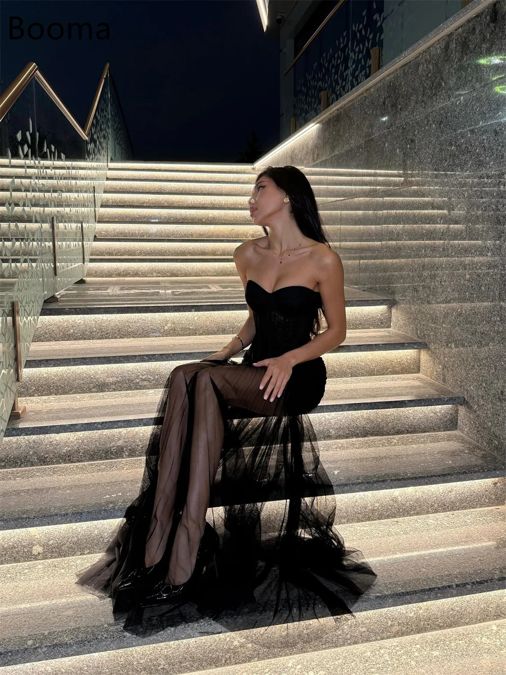 Booma A-Line Sexy Tulle Lace Prom Dresses Strapless Formal Gowns for Women Long Sleeveless Evening Dress Customized 2025