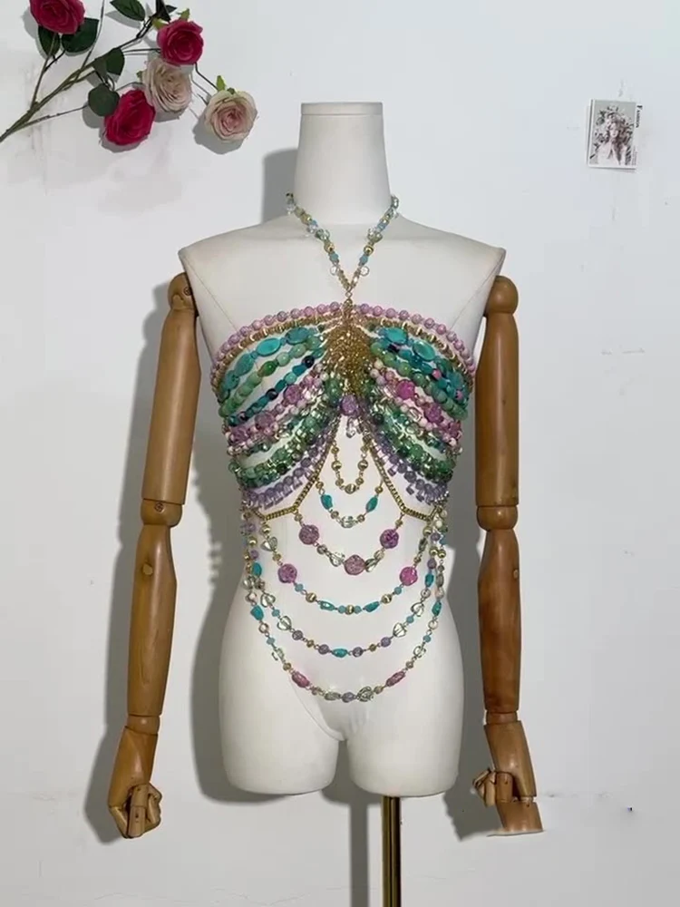 เซ็กซี่ Handmade อัญมณีรัดตัว Pebbles ที่มีสีสันผสมไข่มุก Beach Mermaid Belly Dance Bra Backless แขวนคอลูกปัด Bustier