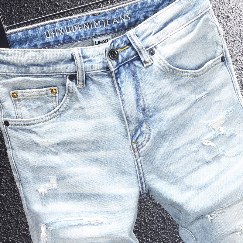

High Street Fashion Men Jeans Retro Light Blue Stretch Slim Fit Patched Ripped Jeans Men Y2K Embroidery Vintage Denim Pants