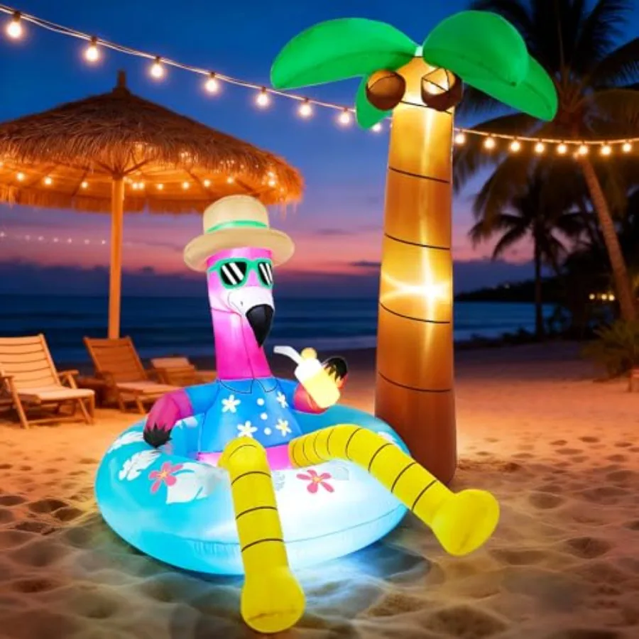 

Outdoor inflatable flamingo with palm tree, PVC material, pink and green, 6FT tall, LED lights, tropical luau party decor for b