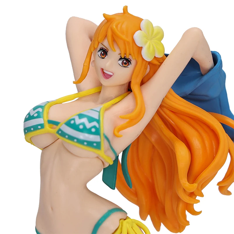 Gran oferta de figuras de Nami de una pieza, Chica de Anime en vacaciones en la playa, Nami, colección roja y verde, juguete de estatuilla, muñeca ornamental de pie de PVC