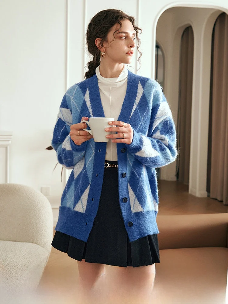 

Blue Rhombus Pattern Open Cardigan Sweater for Women Loose Faionable Ele Knitted Top Autumn Winter New Arrival