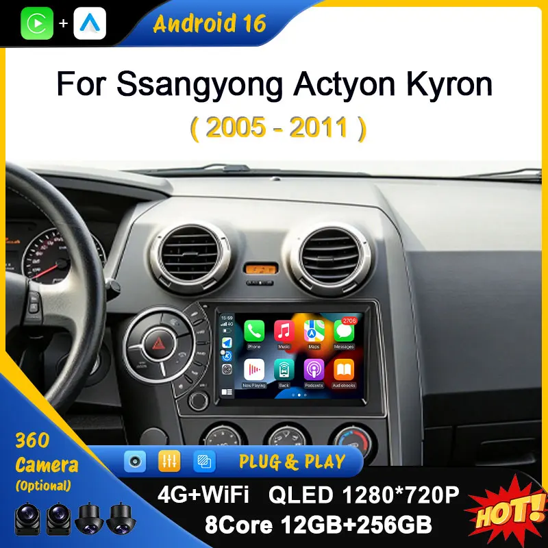 7 inch For Ssangyong Actyon Kyron 2005-2011 Car Radio GPS Navigation Wireless CarPlay Bluetooth WiFi Touch Screen Head Unit QLED