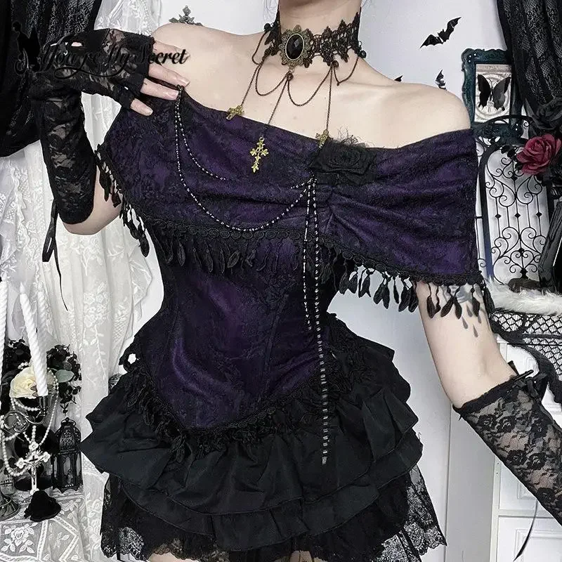 [You're My Secret] Gothic Style Off-Shoulder Top Dark Purple Lolita Set Off Shoulder Top Fashion Spring Summer Women's Clothing
