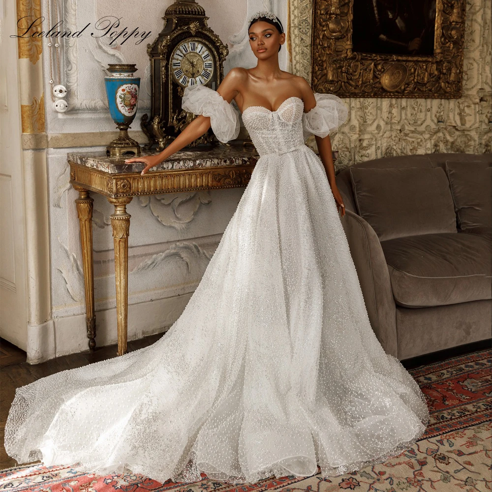 Lceland Poppy Luxury A Line Strapless Lace Wedding Dresses Pearls Beaded Bridal Gowns with Court Train