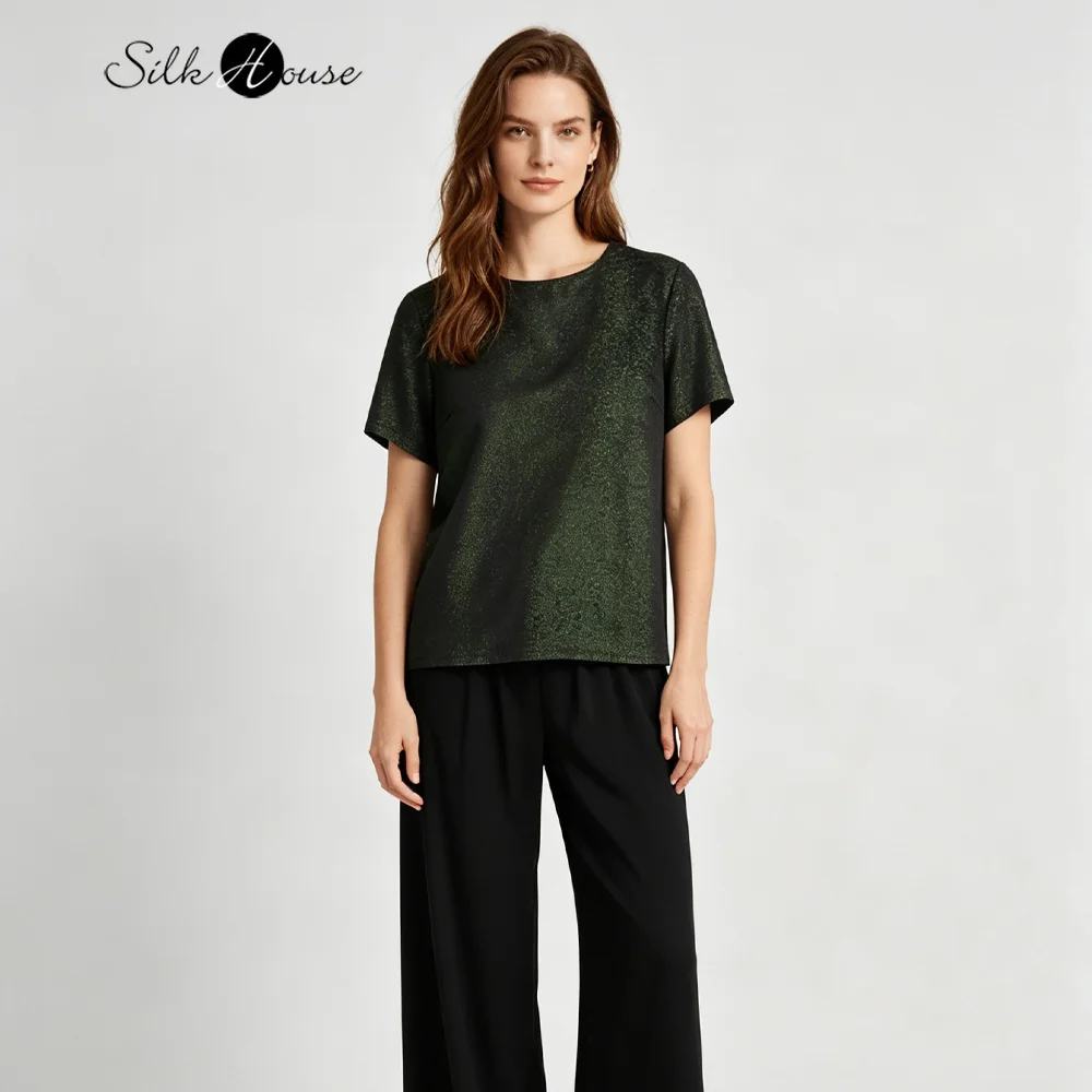 2026 Women's Casual Summer New Black Green Golden Forest 100% Natural Mulberry Silk Versatile Round Neck Short Sleeve T-shirt