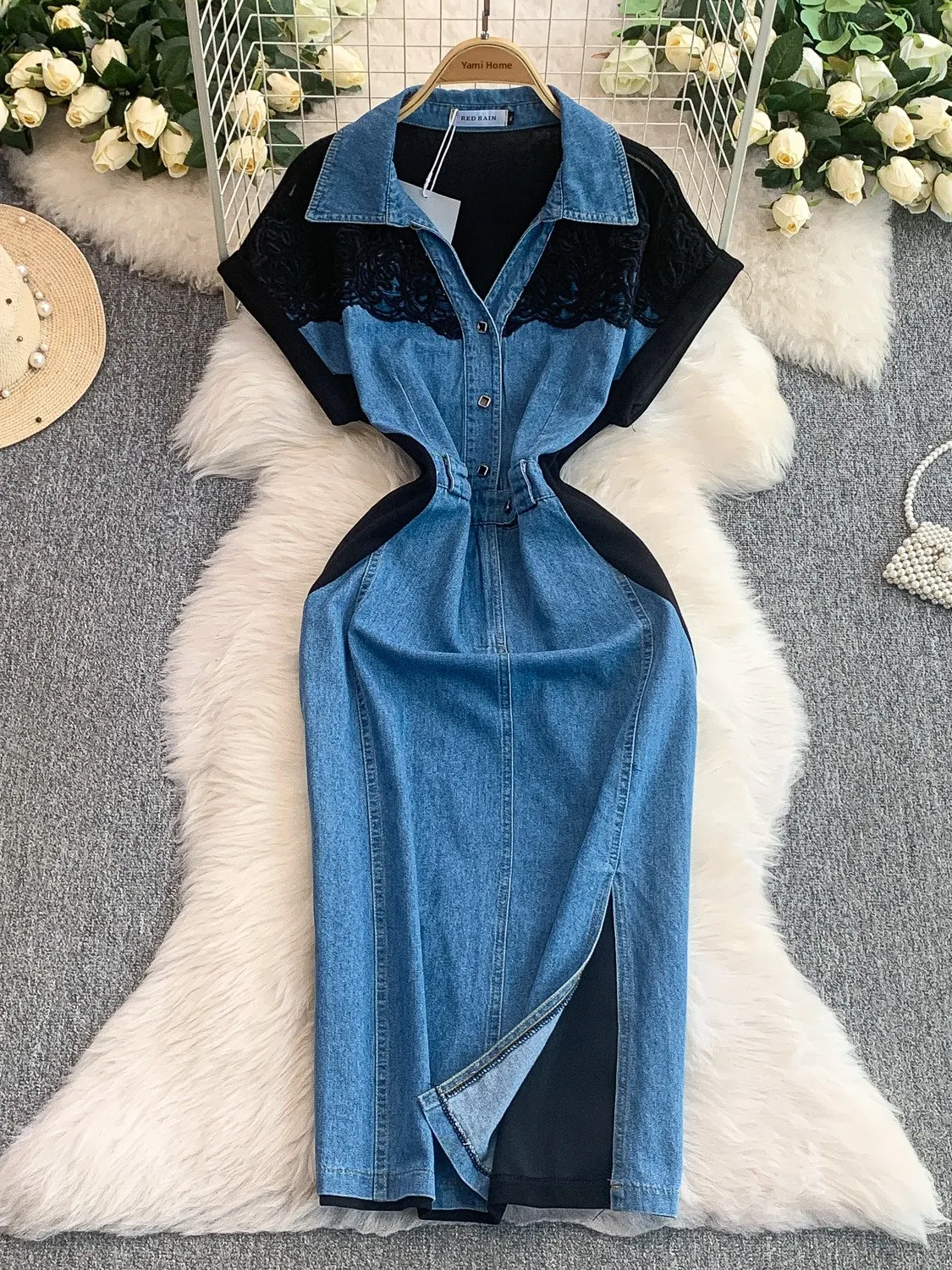 Retro Hong Kong Sle Sexy Lace V-ne ort Sve Dr Women's Summer Denim Patchwork Waist-cinching Slimming Split Long D...